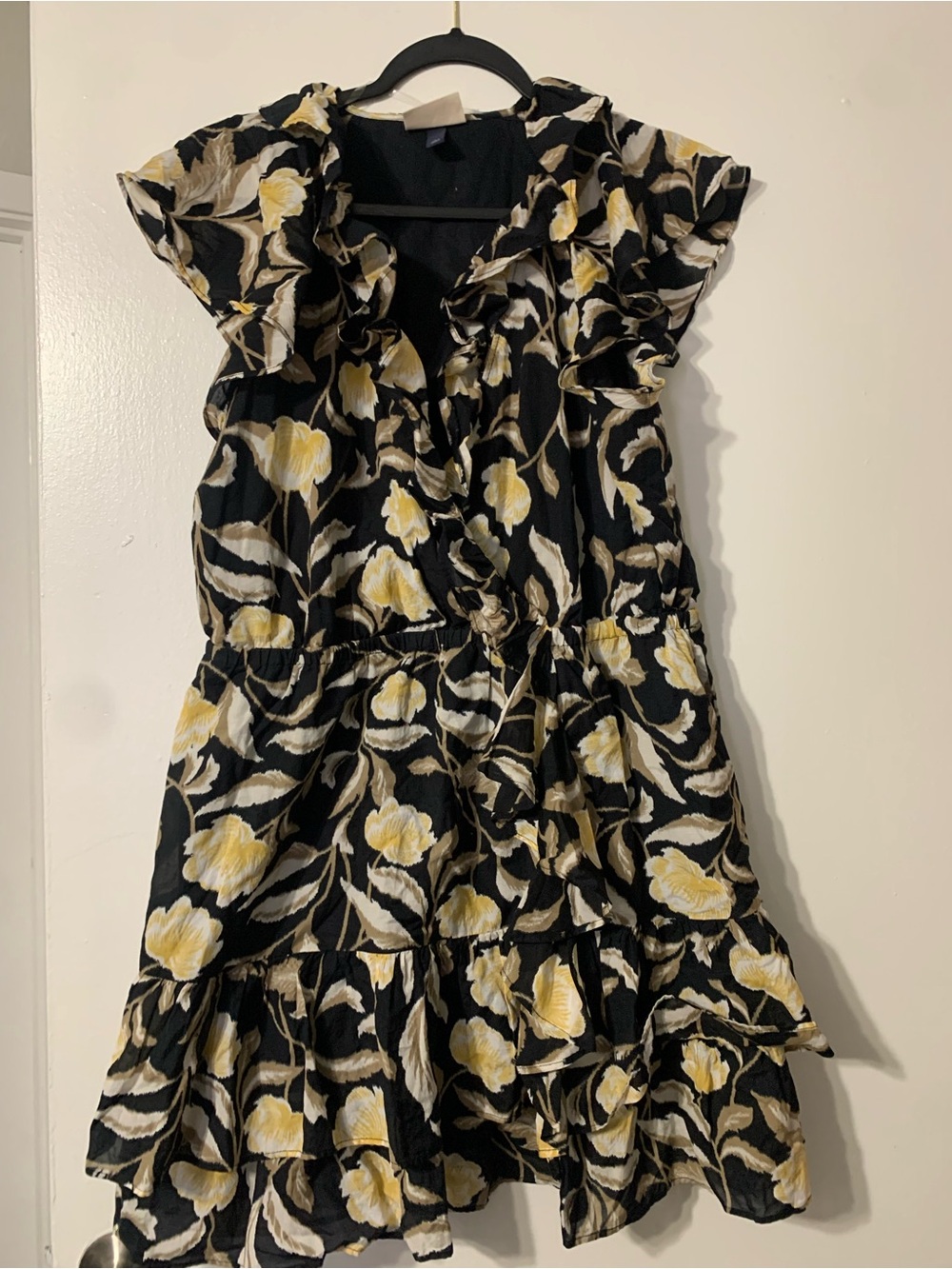 Black Floral Tiered Ruffle Dress with Yellow Accents